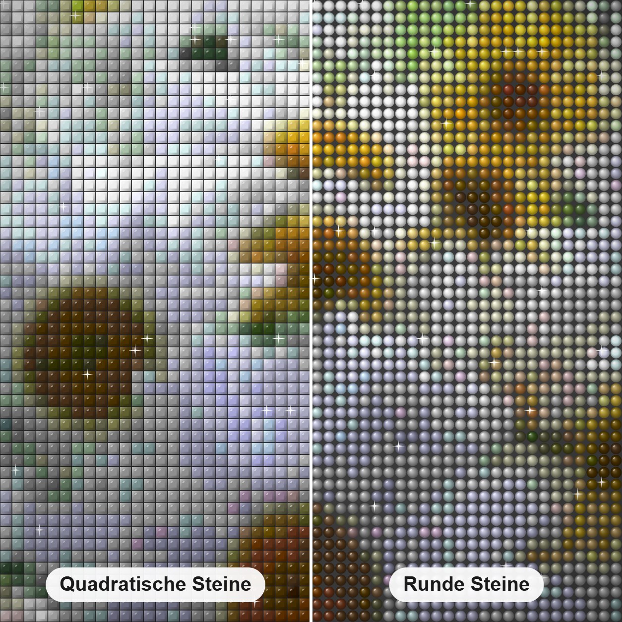 Gänseblümchen Diamond Painting Nahaufnahme mit quadratischen und runden Steinen