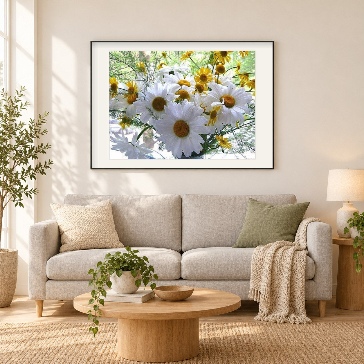 Gänseblümchen als gerahmtes Diamond Painting im Wohnzimmer