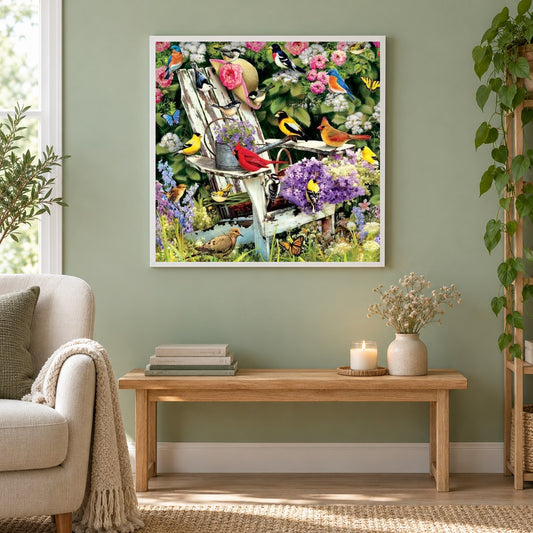 Gartenvögel als gerahmtes Diamond Painting im Wohnzimmer
