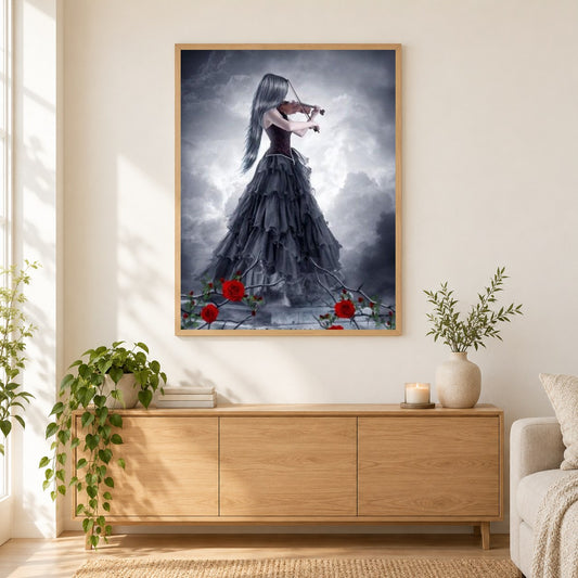 Geiger girl als gerahmtes Diamond Painting im Wohnzimmer