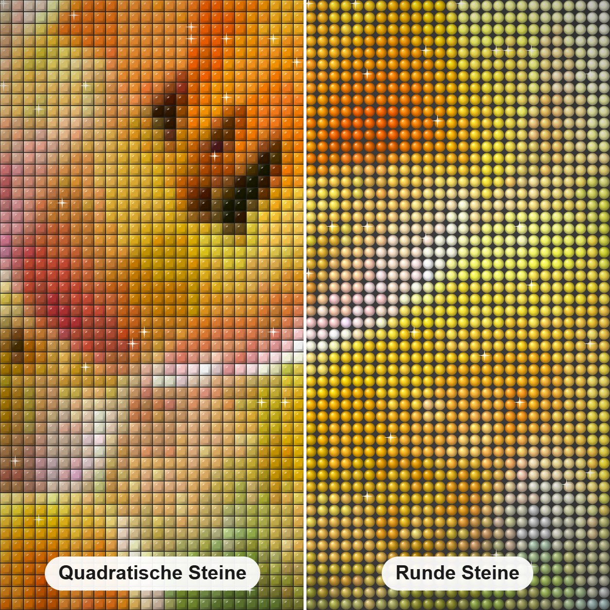 Gelbe Blumen Diamond Painting Nahaufnahme mit quadratischen und runden Steinen