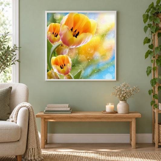 Gelbe Blumen als gerahmtes Diamond Painting im Wohnzimmer