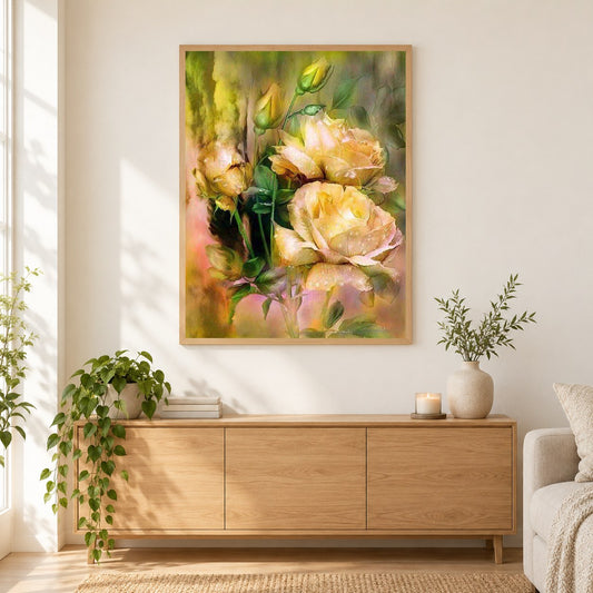 Gelbe Rosen als gerahmtes Diamond Painting im Wohnzimmer