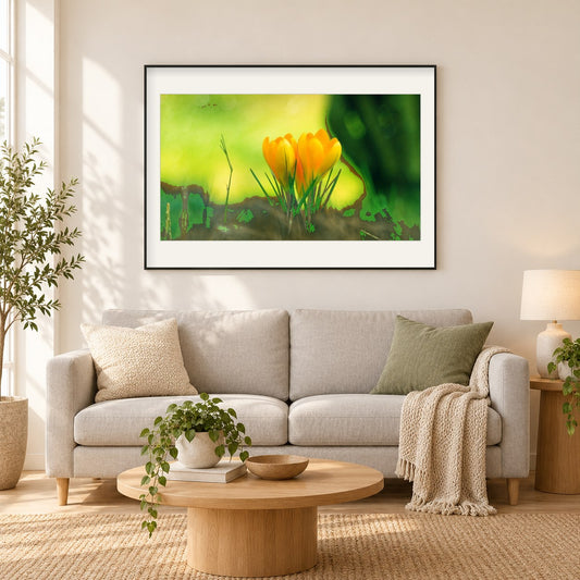 Gelbe Tulpen im Garten als gerahmtes Diamond Painting im Wohnzimmer