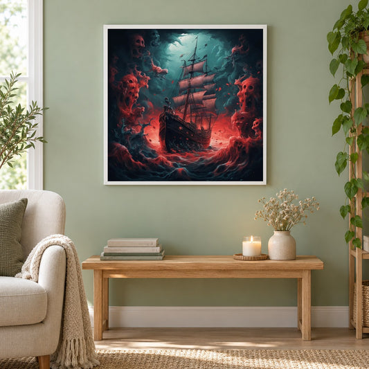 Geisterschiff als gerahmtes Diamond Painting im Wohnzimmer