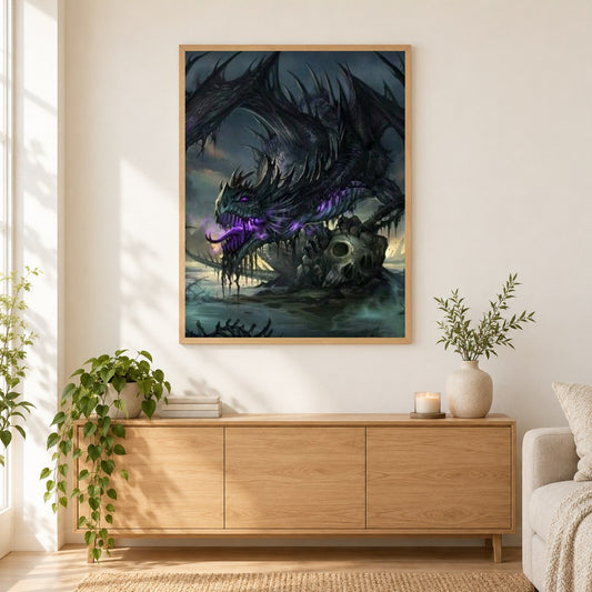 Giftdrache als gerahmtes Diamond Painting im Wohnzimmer