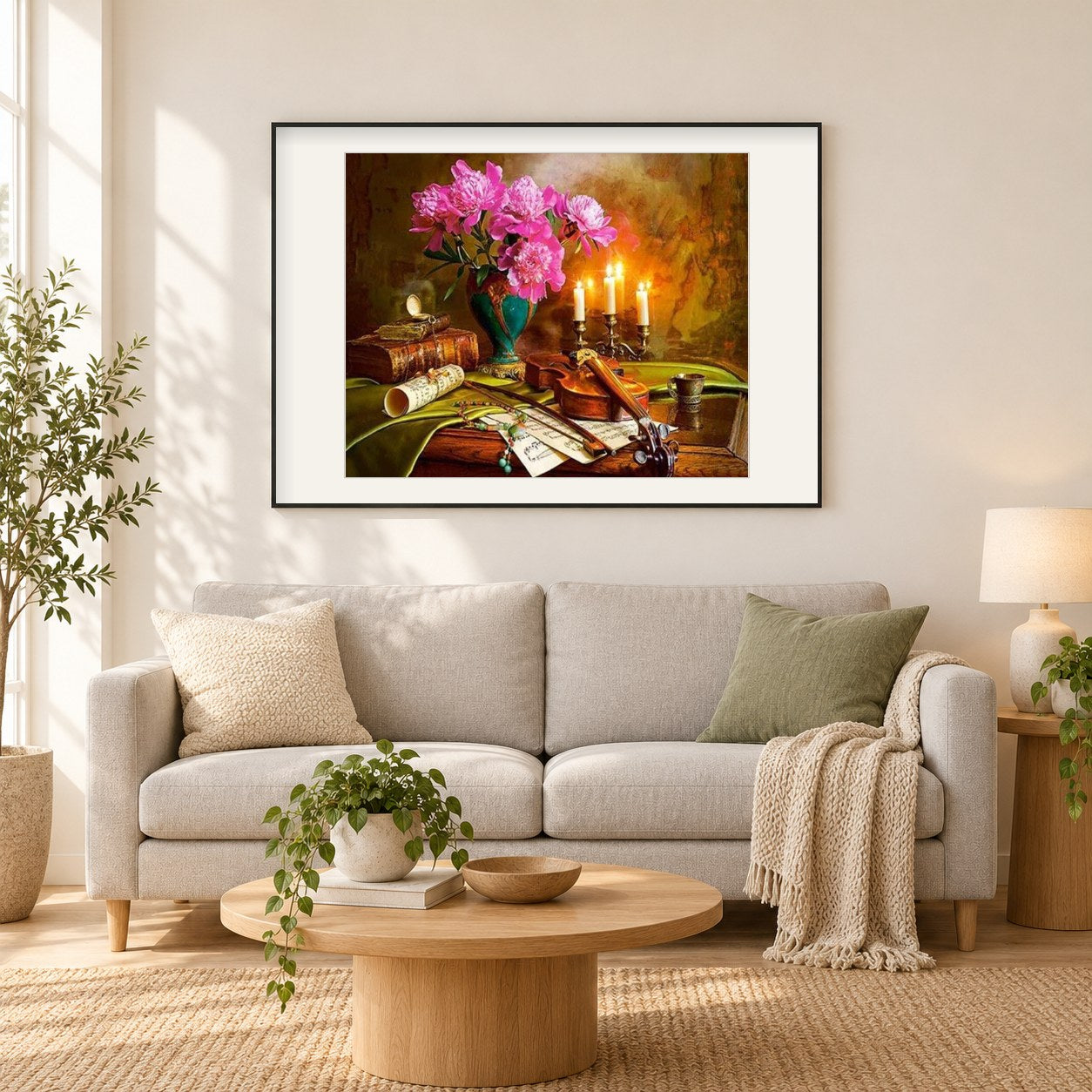 Gitarren-, Blumen- und Kerzenmalerei als gerahmtes Diamond Painting im Wohnzimmer