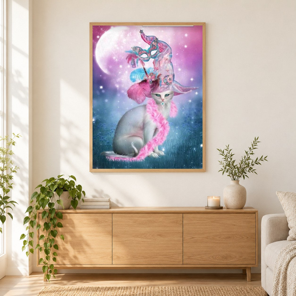 Glamouröse Katze als gerahmtes Diamond Painting im Wohnzimmer