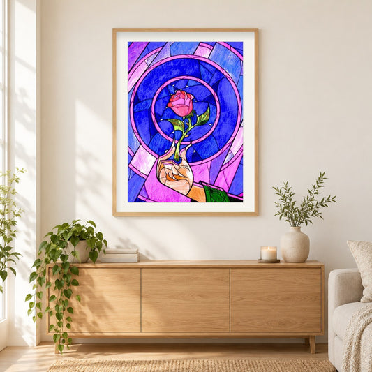 Glasmalerei Rose Art als gerahmtes Diamond Painting im Wohnzimmer