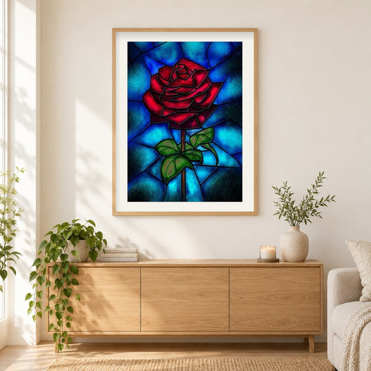 Glasmalerei Rose als gerahmtes Diamond Painting im Wohnzimmer