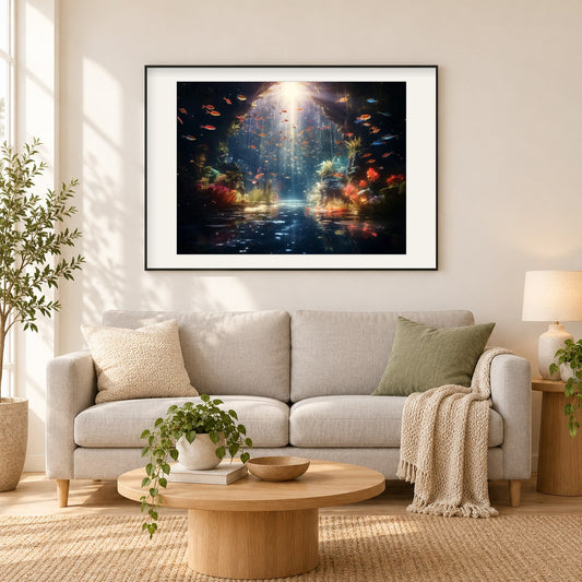 Leuchtender Fisch als gerahmtes Diamond Painting im Wohnzimmer