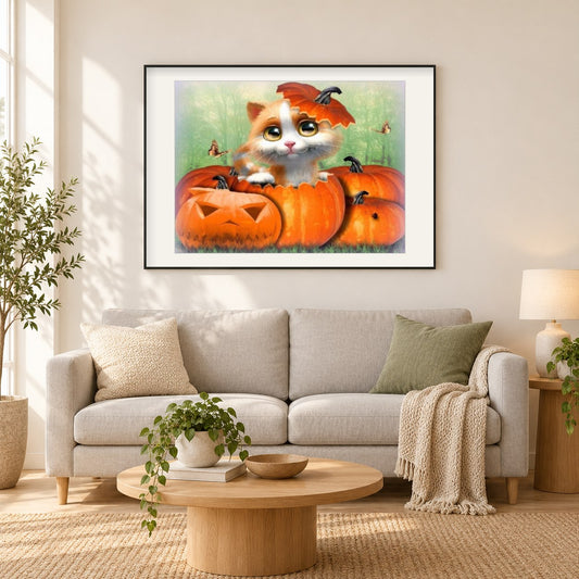 Glückliche Katze an Halloween. als gerahmtes Diamond Painting im Wohnzimmer