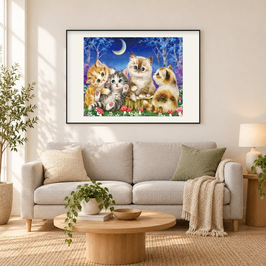 Glückliche KatzenDiamond Painting als gerahmtes Diamond Painting im Wohnzimmer