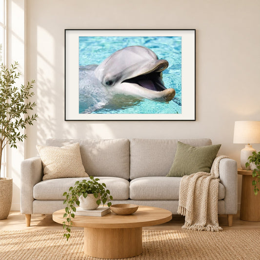 Glücklicher Delphin als gerahmtes Diamond Painting im Wohnzimmer