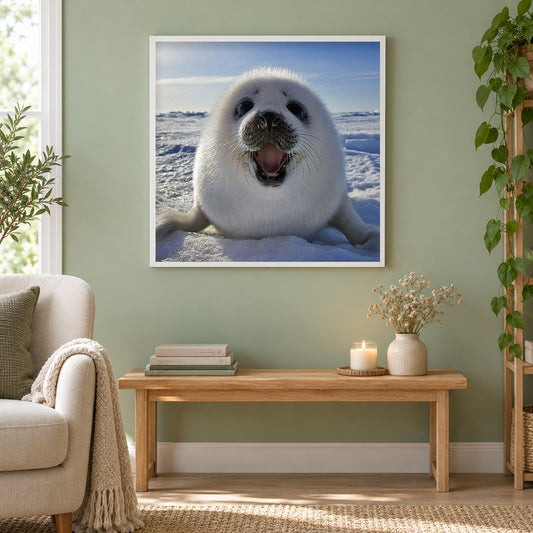 Glücklicher weißer Robbenfisch als gerahmtes Diamond Painting im Wohnzimmer