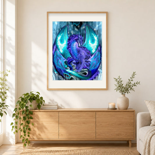 Glühender Drache als gerahmtes Diamond Painting im Wohnzimmer