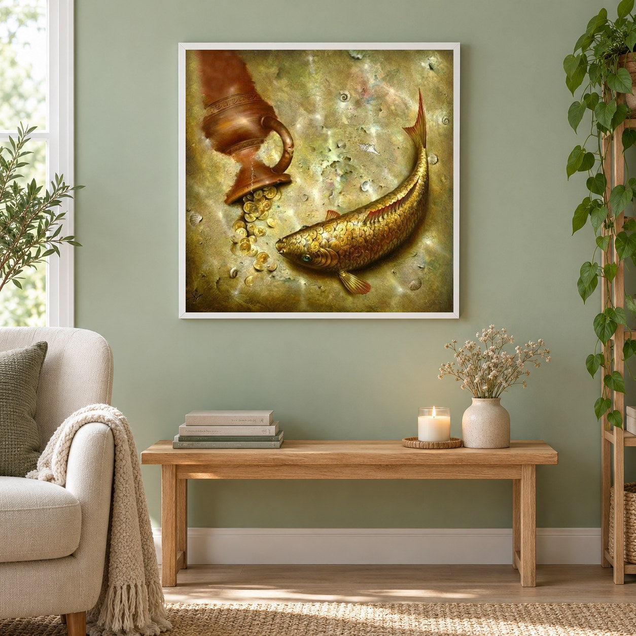 Goldmünzen & Fisch als gerahmtes Diamond Painting im Wohnzimmer