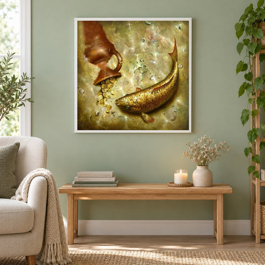 Goldmünzen & Fisch als gerahmtes Diamond Painting im Wohnzimmer