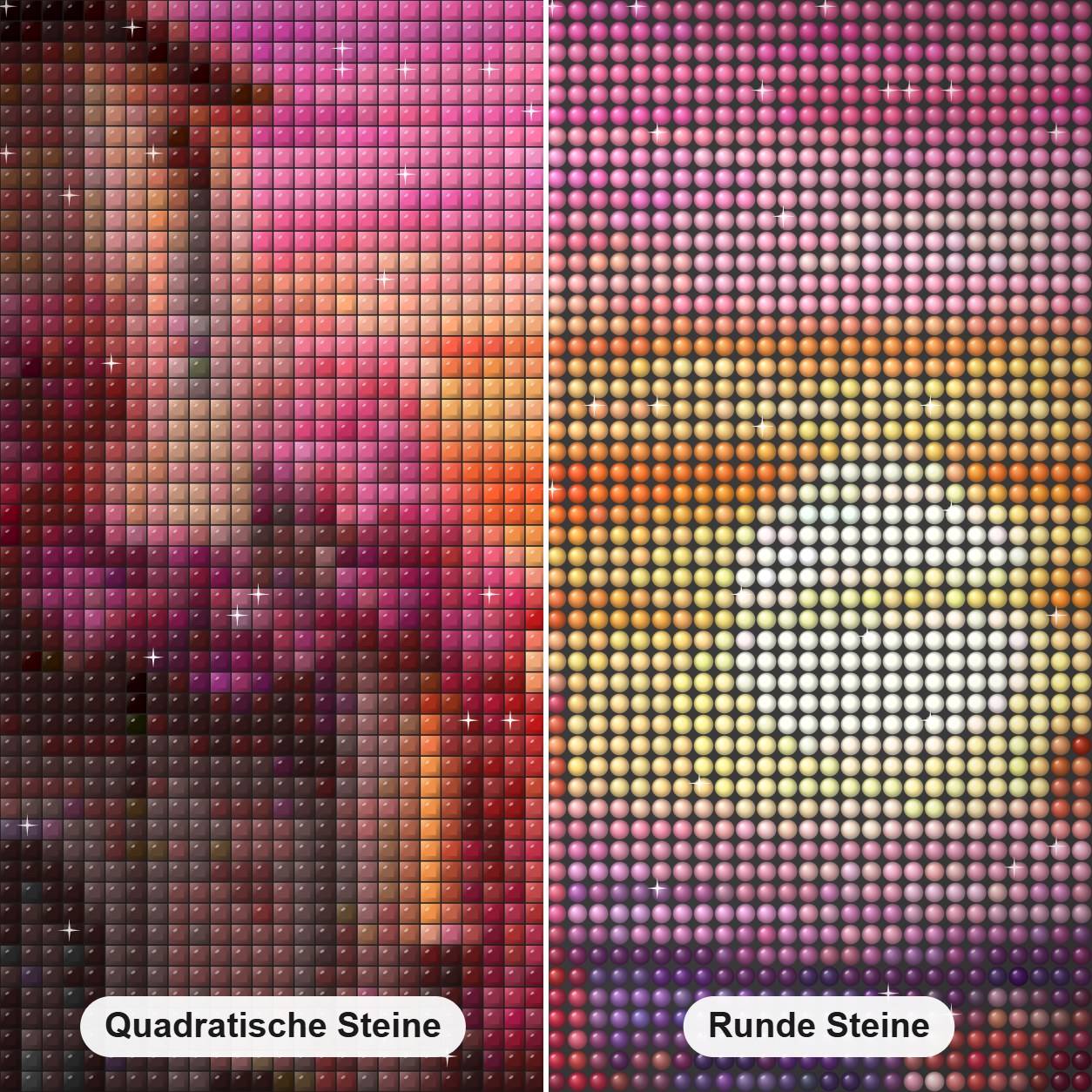 Auf Wiedersehen Sonne Diamond Painting Nahaufnahme mit quadratischen und runden Steinen