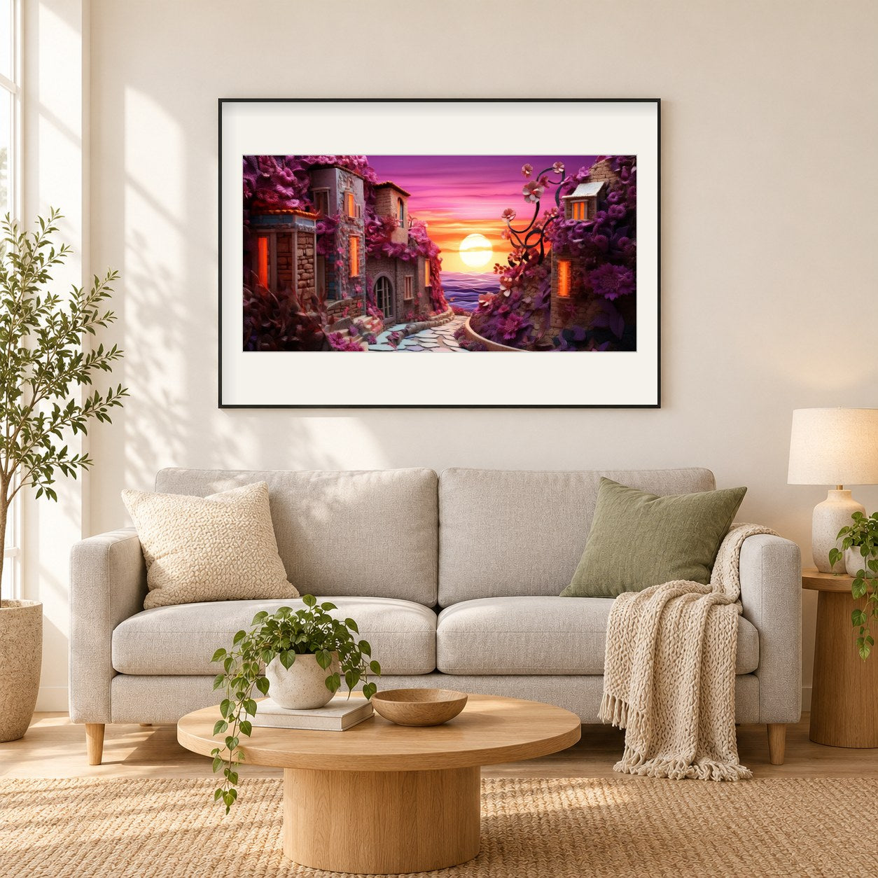 Auf Wiedersehen Sonne als gerahmtes Diamond Painting im Wohnzimmer