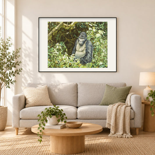 Gorilla Khazui Biega - Kunst des Eric Wilson als gerahmtes Diamond Painting im Wohnzimmer
