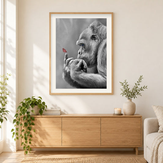 Gorilla und Schmetterling als gerahmtes Diamond Painting im Wohnzimmer