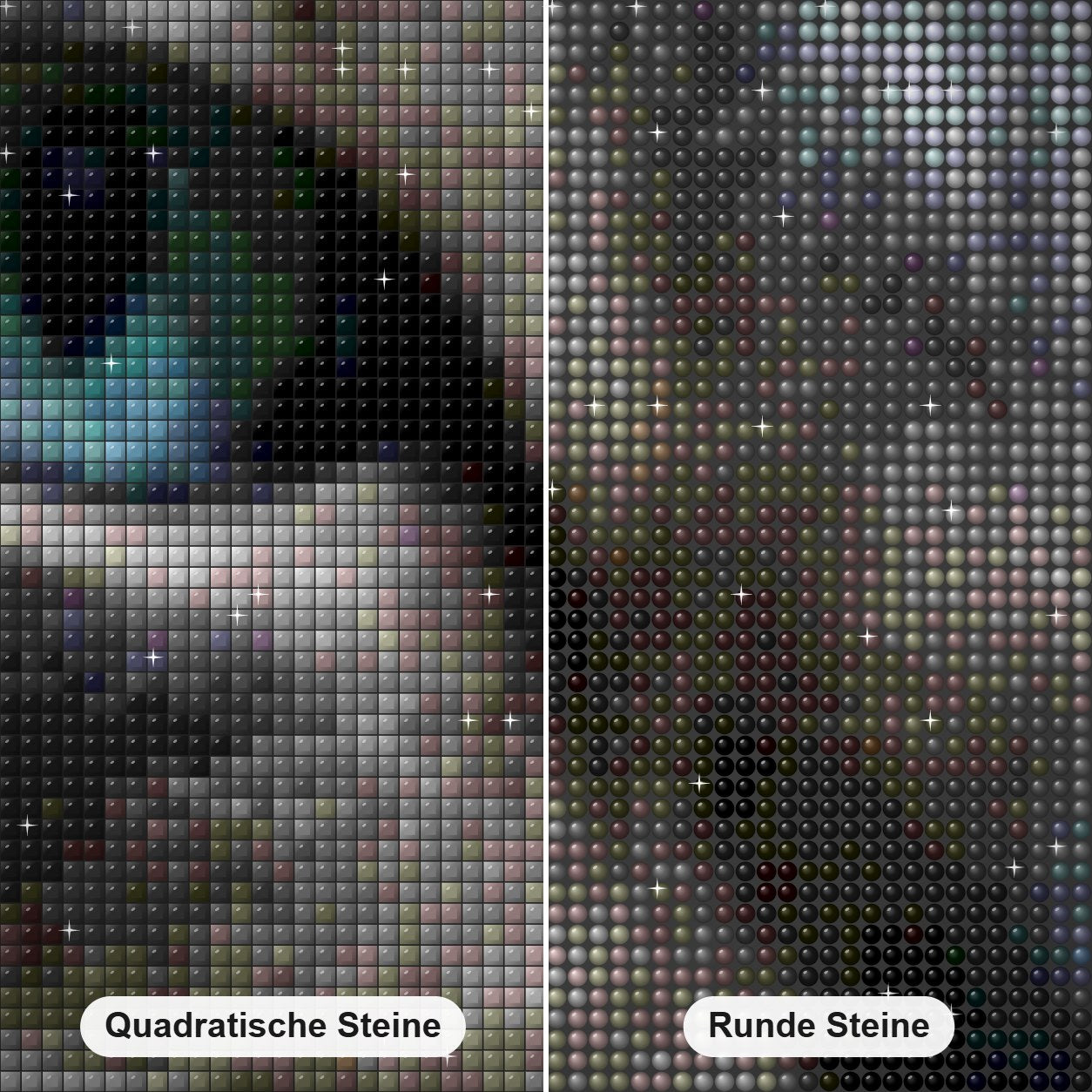 Graue Katze mit blauen Augen Diamond Painting Nahaufnahme mit quadratischen und runden Steinen
