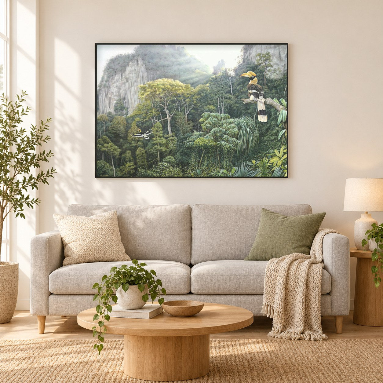 Große Nashornvögel -  Kunst des Eric Wilson als gerahmtes Diamond Painting im Wohnzimmer