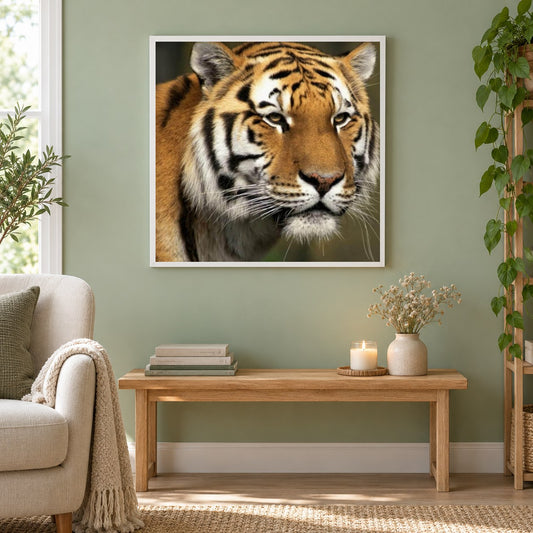 Große Katze DIY Painting Kit als gerahmtes Diamond Painting im Wohnzimmer