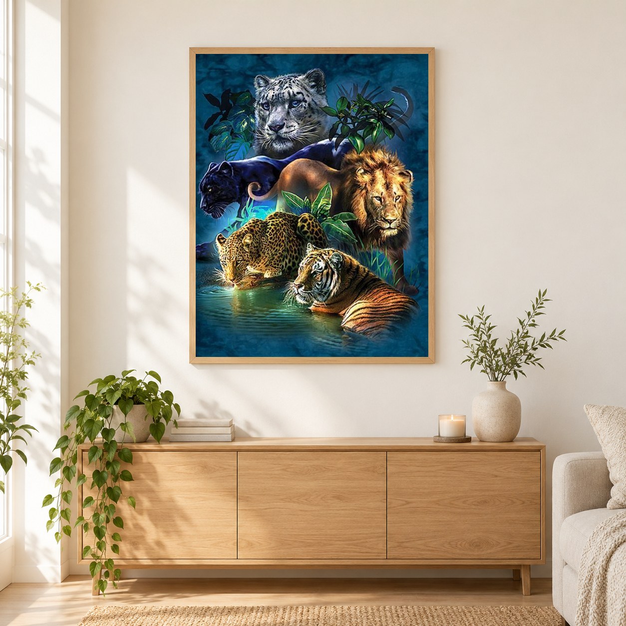 Große Katzen als gerahmtes Diamond Painting im Wohnzimmer