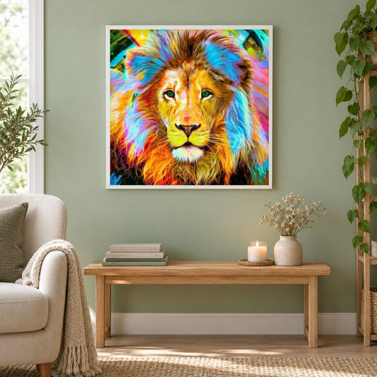 Großer Löwe mit buntem Haar als gerahmtes Diamond Painting im Wohnzimmer