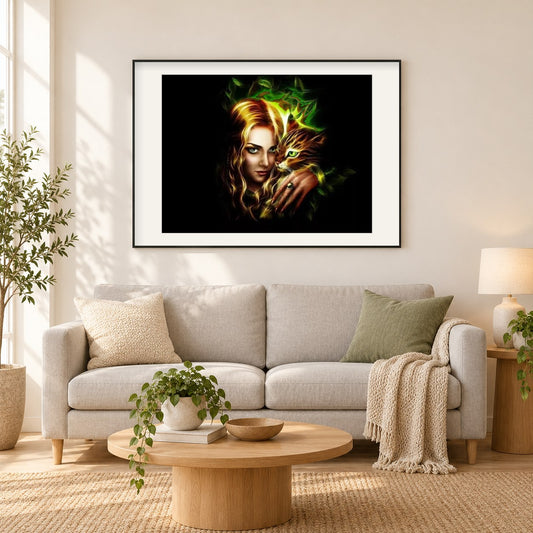 Grünäugige Katze & Mädchen als gerahmtes Diamond Painting im Wohnzimmer