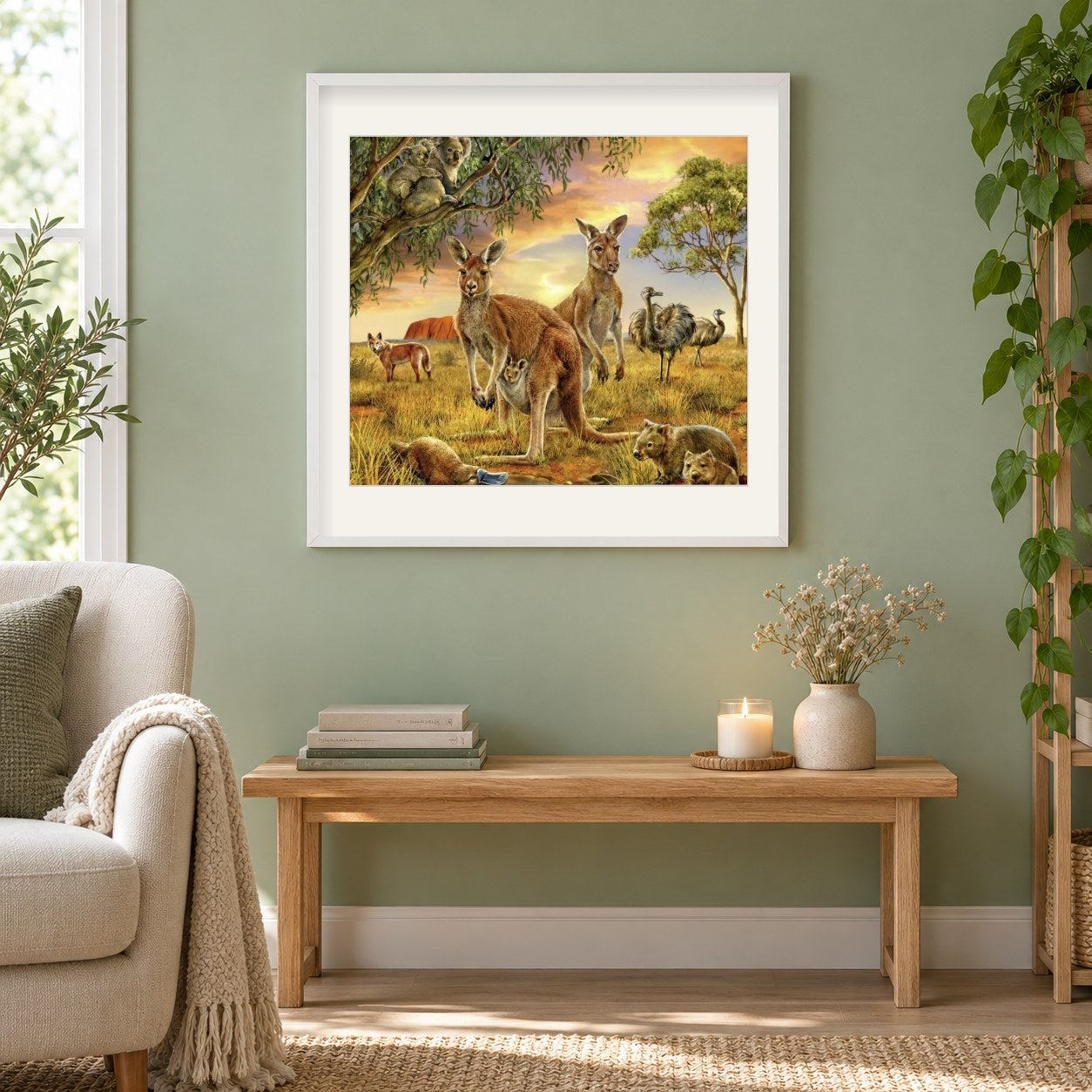 Gruppe australischer Tiere als gerahmtes Diamond Painting im Wohnzimmer