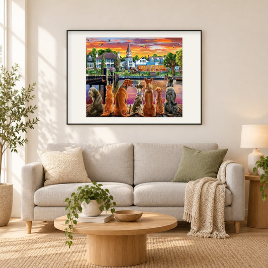 Gruppe von Hunden neben dem See als gerahmtes Diamond Painting im Wohnzimmer