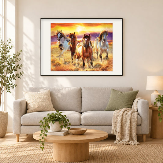 Gruppe von Pferden als gerahmtes Diamond Painting im Wohnzimmer