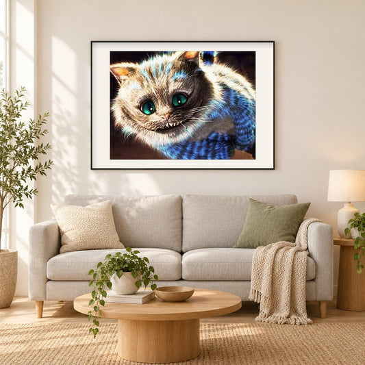 Gruselige Cheshire-Katze als gerahmtes Diamond Painting im Wohnzimmer