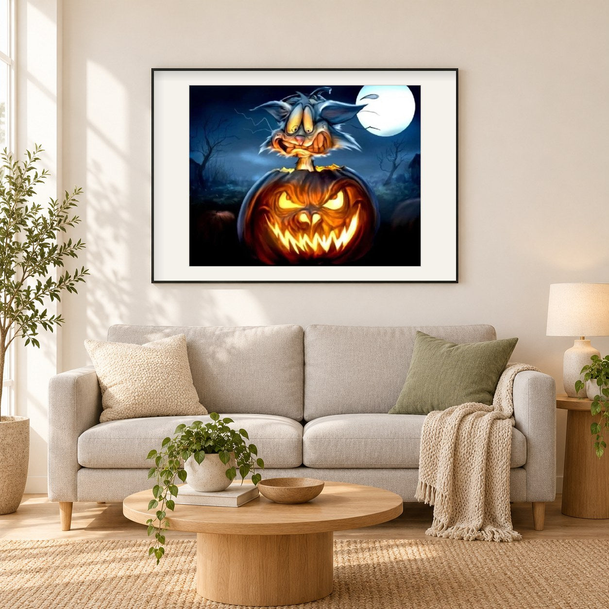 Gruselige Halloween-Nacht als gerahmtes Diamond Painting im Wohnzimmer
