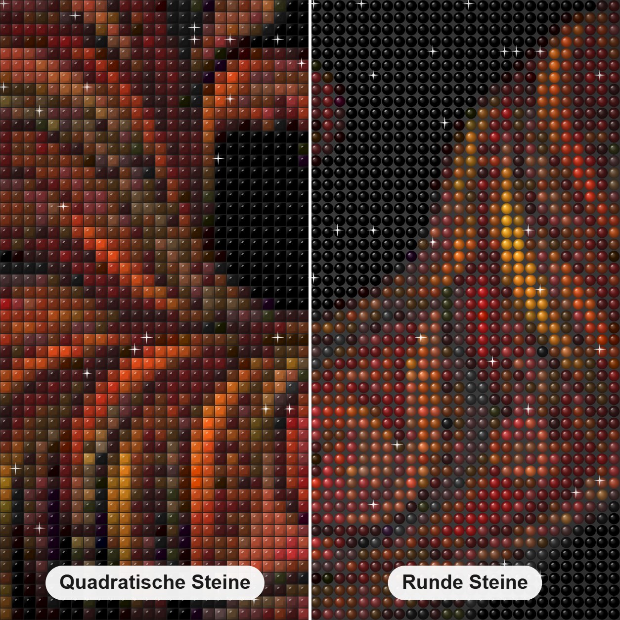 Hahn künstlerische Diamond Painting Nahaufnahme mit quadratischen und runden Steinen