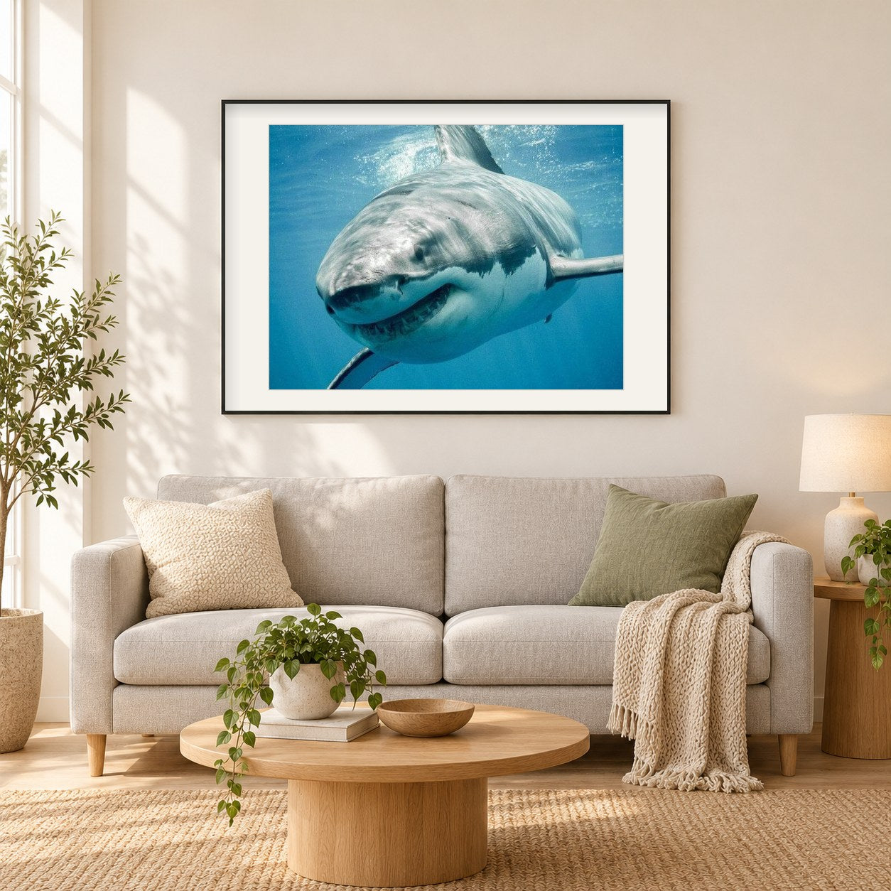 Hai im blauen Wasser als gerahmtes Diamond Painting im Wohnzimmer