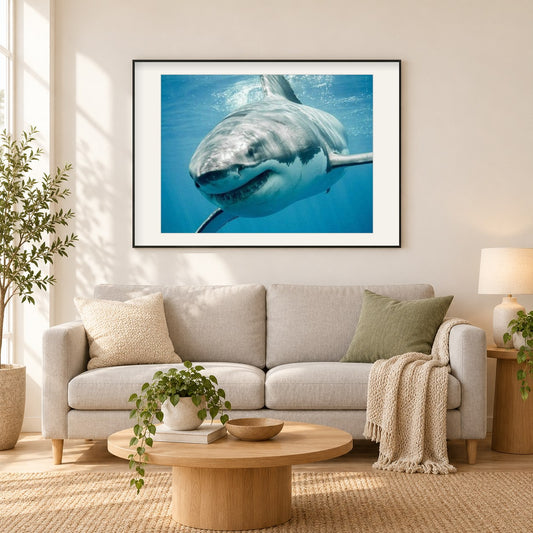 Hai im blauen Wasser als gerahmtes Diamond Painting im Wohnzimmer