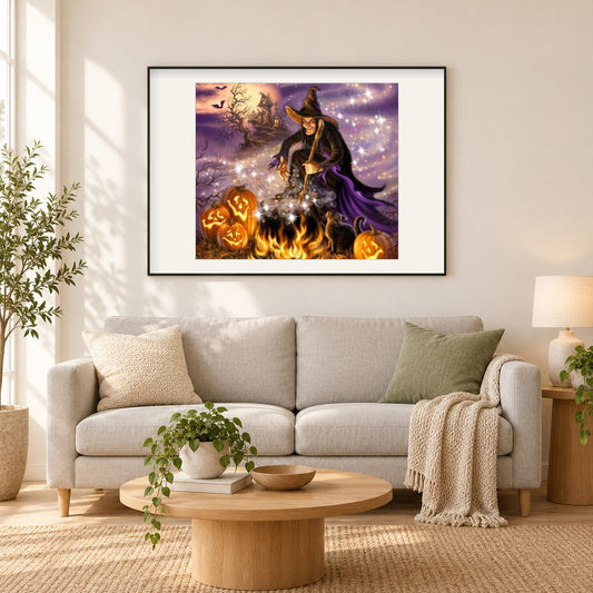 Halloween Hexe als gerahmtes Diamond Painting im Wohnzimmer