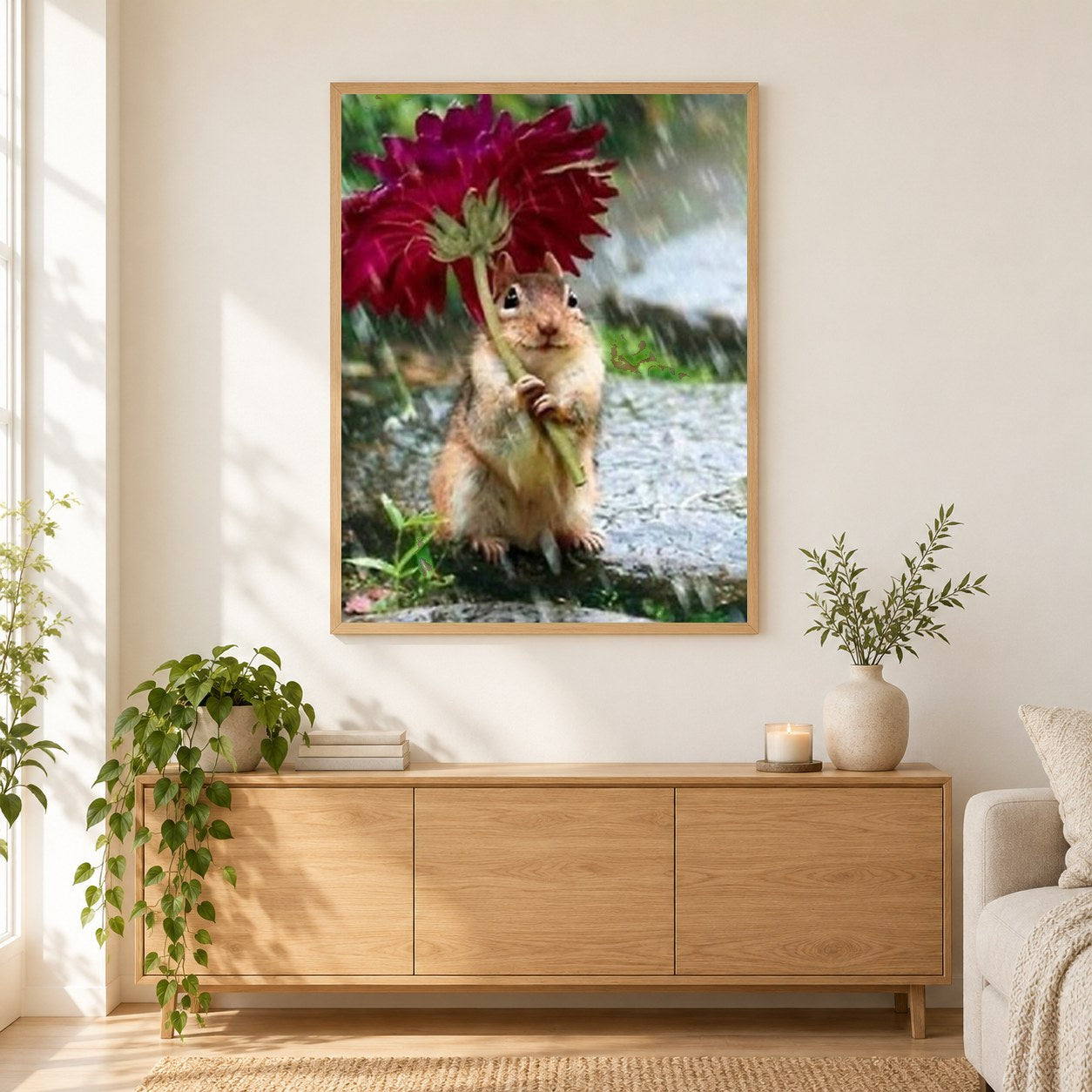 Hamster & Blumenmalerei Kit als gerahmtes Diamond Painting im Wohnzimmer