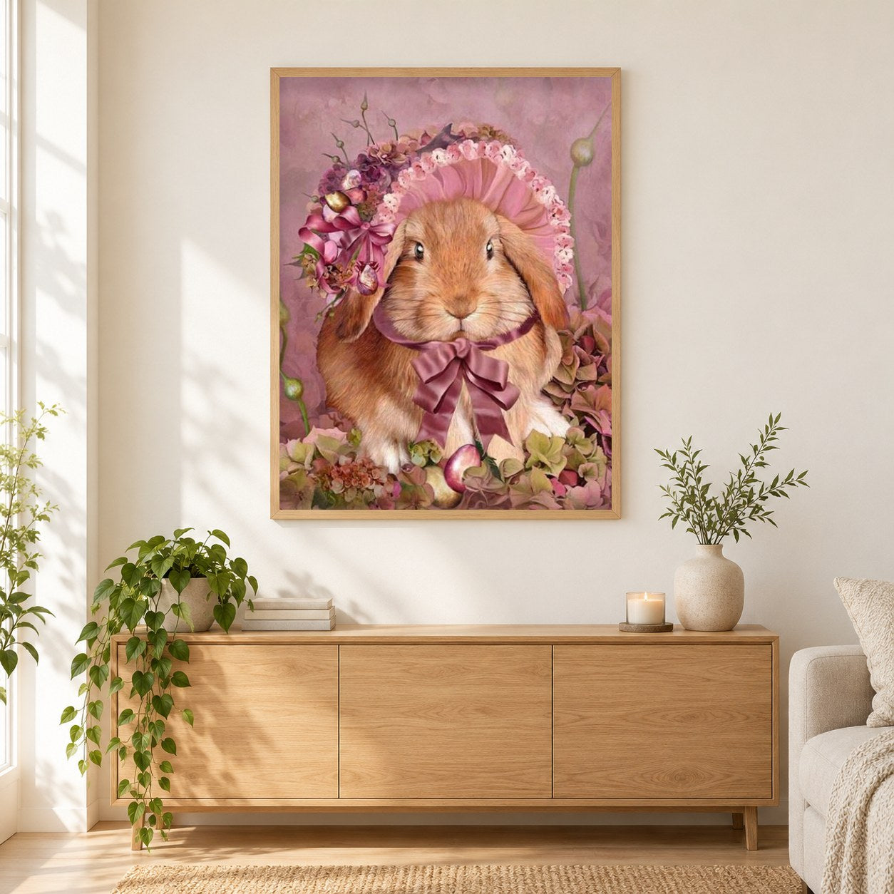 Hase mit Blumenhut als gerahmtes Diamond Painting im Wohnzimmer