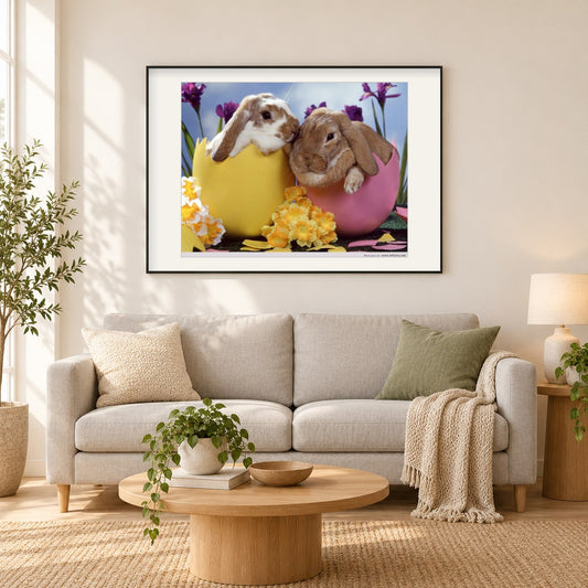 Hasen in Ostereiern als gerahmtes Diamond Painting im Wohnzimmer