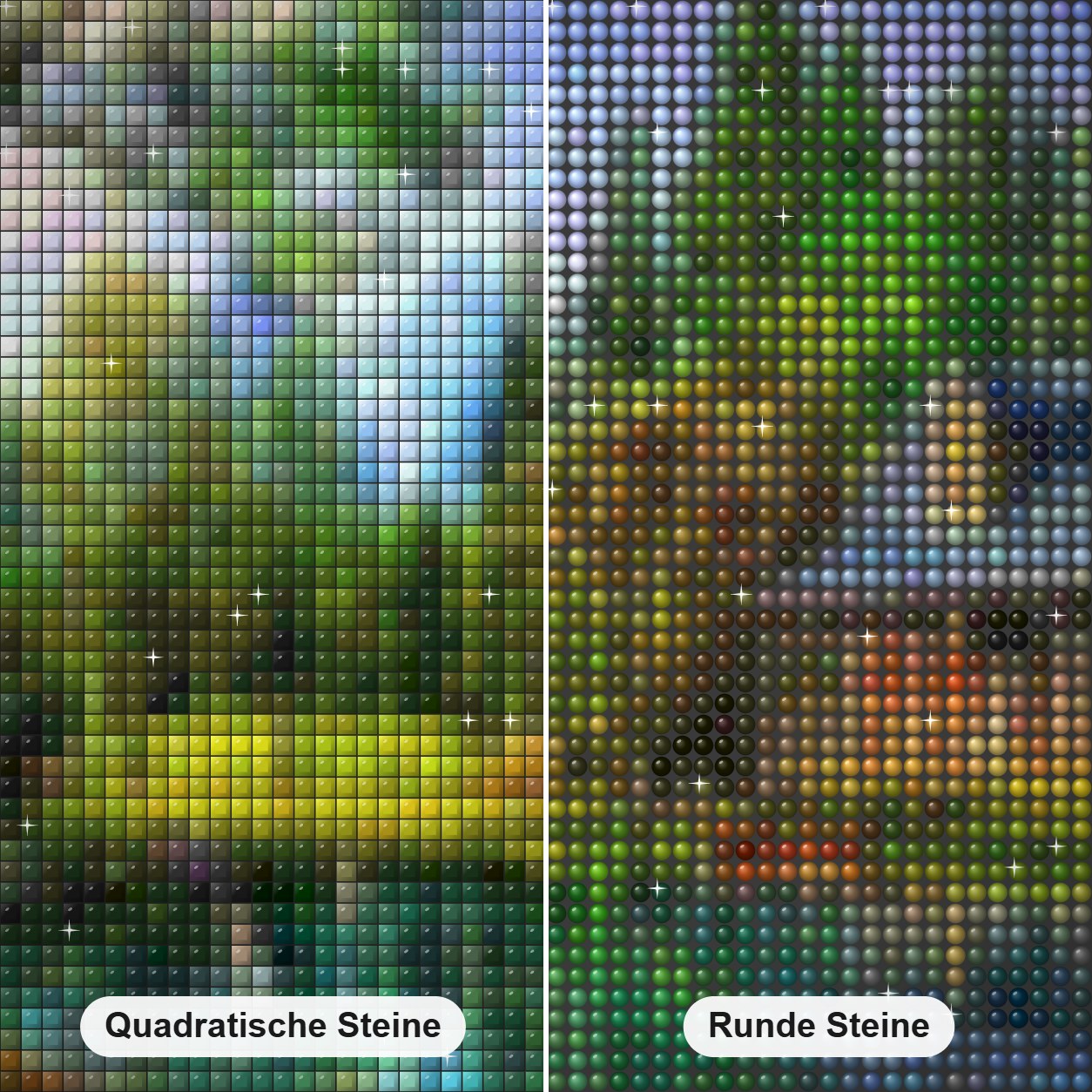 Haus am See Diamond Painting Nahaufnahme mit quadratischen und runden Steinen