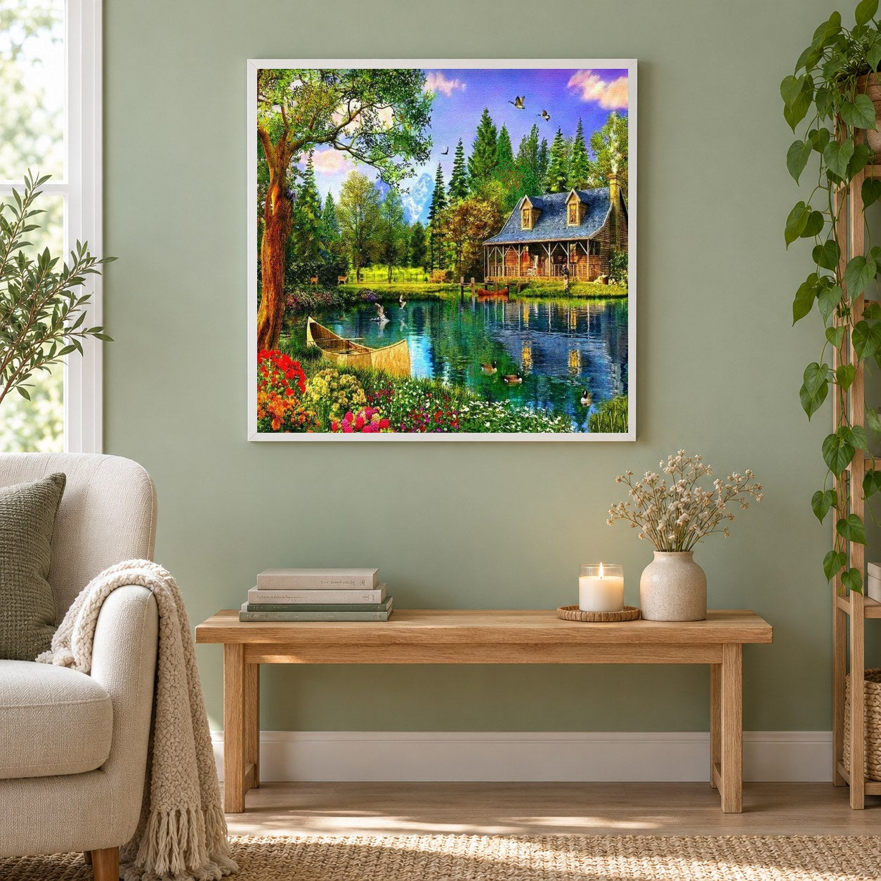 Haus am See als gerahmtes Diamond Painting im Wohnzimmer
