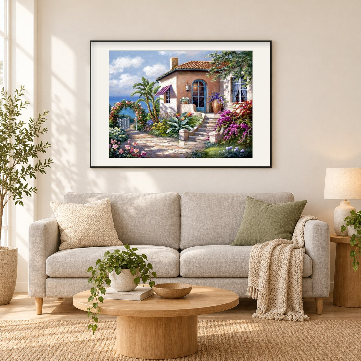 Haus mit Garten am Meer als gerahmtes Diamond Painting im Wohnzimmer