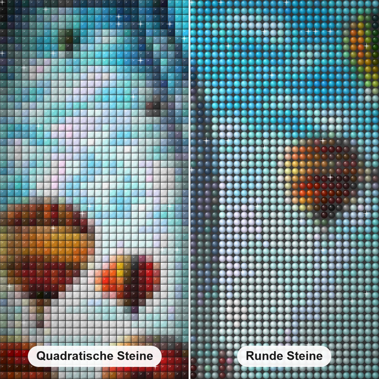 Heißluftballons Diamond Painting Nahaufnahme mit quadratischen und runden Steinen