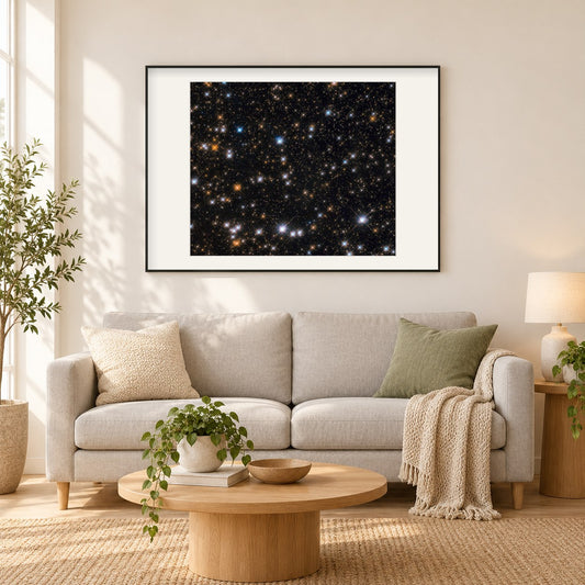 Herde kosmischer Enten als gerahmtes Diamond Painting im Wohnzimmer