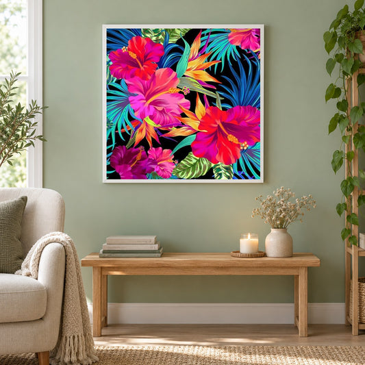 Hibiskusblüten als gerahmtes Diamond Painting im Wohnzimmer